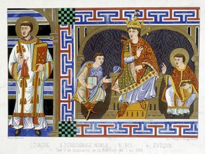 Diakon, postać szlachecka, król i eveque ilustrujący lud X wieku; Ilustracja z XIX wieku czerpie z "Francji w X wieku". autorstwa French School