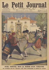 Śmiertelny pojedynek na scenie teatru w Hiszpanii (litografia kolorowa) autorstwa French School