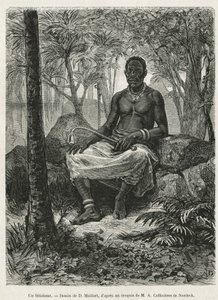 Feticheur, czarodziej potrafiący używać magicznej siły fetiches, rysunek D.Maillarta, ilustrujący historię podróży do Gabonu i rzeki Ogoue w latach 1875-1877, autorstwa Alfreda Marche. Rycina w Le tour du monde autorstwa French School