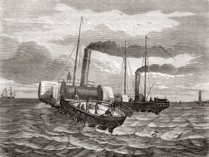 Pierwsza próba ułożenia pierwszej linii pod kanałem La Manche w 1850 r. przez Anglo-Francuską Kompanię Telegraficzną Johna Watkinsa Bretta, z Dover do Calais, przy użyciu przerobionych holowników Goliath i Widgeon, z Les Merveilles de la Science, opublikow autorstwa French School
