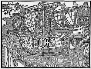 Flota w XV wieku, po rycinie „Vergier Dõhonneur”. Grawerowanie w „La Marine et les colonies: commerce” autorstwa French School