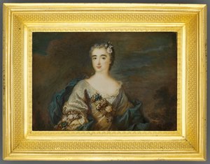 Pani o imieniu Louise-Jeanne de Durfot, Duchesse de Mazarin et de la Meilleraye, ok. 1750 (akwarela na kości słoniowej) (patrz także 1630586) autorstwa French School