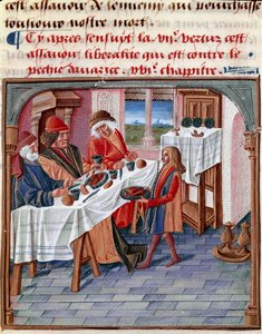 Mężczyzna dzieli stół z ubogim w potrzebie Miniatura zaczerpnięta z „Le livre de bonnes moreurs de Jacques Legrand” 1490 Chantilly, Musee Conde autorstwa French School