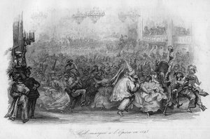 Bal maskowy w Operze Paryskiej w 1843 r. (piosenka „Le carnival” Marc-Antoine Madeleine Desaugiers) w „” - CHANS et CHANS POPULES DE LA FRANCE - 1843 - H.- L. DELLOYE, wydawca, LIBRAIRIE DE GARNIER. autorstwa French School