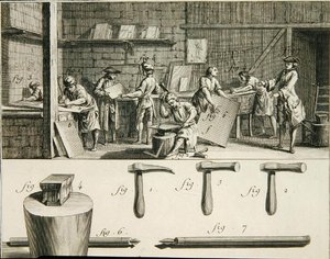 Warsztat ślusarski i narzędzia, z „Encyclopedie des Sciences et Metiers” Denisa Diderota (1713–84) opublikowanej ok. 1770 r. (grafika) autorstwa French School