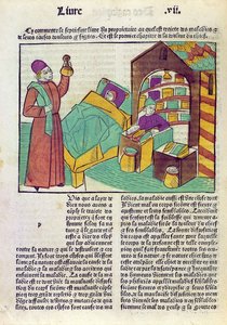Pacjent z lekarzem i farmaceutą, z Le Livre des Proprietes des Choses Barthelemy