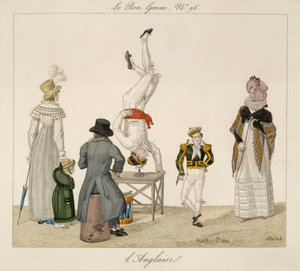 Wykonawca stojący na głowie balansujący na szkle, płyta 96 z gatunku le Bon, ok. 1810 (kolorystyka) autorstwa French School