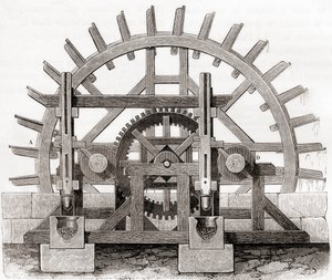 Młyn proszkowy i koło wodne, według rysunku z XIX wieku, z Les Merveilles de la Science, wydanego ok. 1870 (rycina) autorstwa French School