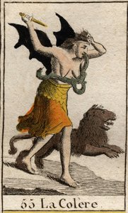 Przedstawienie Gniewu ubranego w odłamki, trzyma sztylet i wyrywa włosy. (Reprezentacja Angry, ubrana w strzępy, trzyma nóż i rwie włosy). Z „Mitologii młodości” Pierre