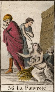 Przedstawienie biedy, boso i ubrana w okruchy, siedzi na słomie. (Reprezentacja biedy, ubrana w strzępy, bosa, siedzi na słomie). Z „Mitologii młodości” Pierre