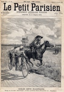 Jeździec ścigał się z welocypedami: William Frederic Cody (1846-1917), znany jako Buffalo Bill, znany jako Król Kowbojów oraz rowerzyści Gaby i Fournier w Tandemie. Jedna z gazet „Le petit Parisien”” z dnia 26.11.1893 (rycina) autorstwa French School