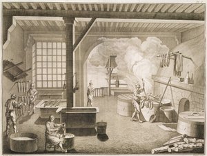 Warsztat farbiarzy jedwabiu, z Encyclopedie des Sciences et Metiers autorstwa Denisa Diderota (1713-84) opublikowany ok. 1770 autorstwa French School
