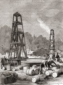 Źródło ropy naftowej w Oil Creek na rzece Allegheny w Pensylwanii w USA w 1858 r., odkryte przez Edwina Laurentine Drake, znanego również jako pułkownik Drake, z „Les Merveilles de la Science”, opublikowanej ok. 1870 r. (rycina) autorstwa French School