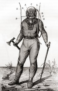 Standardowy skafander nurkowy opatentowany przez Josepha-Martina Cabirola w 1855, z „Les Merveilles de la Science”, opublikowany ok. 1870 (rycina) autorstwa French School