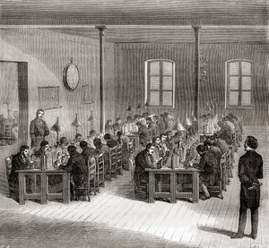 Stacja telegraficzna w Paryżu, Francja ok. 1870, z Les Merveilles de la Science, opublikowana ok. 1870 (grafika) autorstwa French School