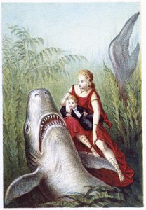 Kobieta i chłopiec jadący na rekinie – w „Podróży na dno morza” H. de la Blanchère. Paryż, wyd. Jouvet et Cie, sd. 1880. (podwójny 02943) autorstwa French School