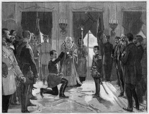 Abdykacja króla Mediolanu I Serbii (1854-1901), 7 marca 1889: były król składa przysięgę posłuszeństwa i wierności swojemu synowi, Aleksandrowi I Serbii (1876-1903), za którego właśnie abdykował. Grawerowanie w „”Le Monde Illustré””n°1666 z 2 marca autorstwa French School