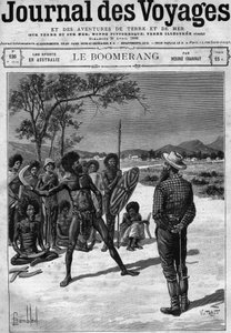 Aborygeni z Australii używający bumerangu, koniec XIX wieku. Grawerowanie w „Journal des Voyages” z 30 kwietnia autorstwa French School