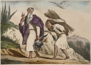 Abraham zabierający Izaaka na górę Moria, ilustracja z katechizmu LHistoire Sainte, wydanego przez Charlesa Delagrave, Paryż autorstwa French School
