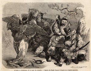Aktorzy i tancerze dworu Mikado w kostiumach scenicznych. Rycina ilustrująca podróż do Japonii w latach 1863-1864, autorstwa Aime Humberta, ministra Konfederacji Szwajcarskiej, w "Le tour du monde, nouveau journal des voyages", opublikowanym pod kierunkiem autorstwa French School