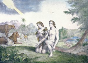 Adam i Ewa w ogrodzie Eden, koniec XIX wieku (kolororyt) autorstwa French School