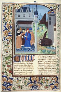 Dodać. 11696, f.136v Boccaccio obserwujący tortury, z „Le Livre des Cases des Nobles et Illustres Hommes” Giovanniego Boccaccio, c.1470 (atrament, kolor i złoto na welinie) autorstwa French School