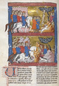 Dodać. 15268, f.75v Edyp, znaleziony przez Polibusa, króla Koryntu, ilustracja z „Le Livre des ansienes estoires”, c.1285 (welum) autorstwa French School