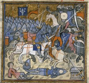 Dodać. 15269, f.124v Crusaders walczący z Saracenami, ilustracja z „Chroniques de France ou de St Denys” (tusz, kolor i złoto na welinie) autorstwa French School