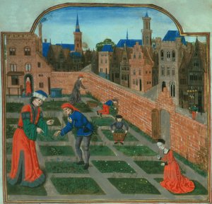 Dodaj 19720 f.165 Otoczony murem ogród miejski, z „Livre des Profits Ruraux” Pietro de Crescenzi (1230-1320) (welum) autorstwa French School
