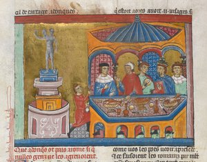 Dodać. MS 15268, ks. 242v Świątynia Janusa z senatorami jedzącymi na pierwszym planie, od „Historii starożytnej do Cezara” (welum) autorstwa French School