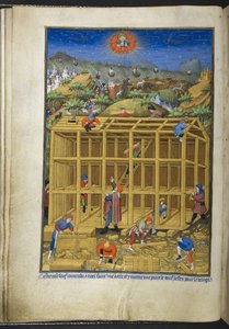 Dodaj Ms 18850 f.15v, Budowa Arki Noego, z Księgi Godzin (Godziny Bedforda) c.1410-30 (atrament, kolor i złoto na welinie) autorstwa French School