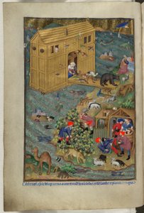 Dodaj Ms 18850 f.16v, Wyjście z arki, z Book of Hours (The Bedford Hours) c.1410-30 (tusz, kolor i złoto na welinie) autorstwa French School