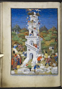 Dodaj Ms 18850 f.17v Budowa wieży Babel, z Księgi Godzin (Godziny Bedforda) c.1410-30 (atrament, kolor i złoto na welinie) autorstwa French School