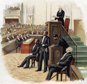 Adolphe Thiers (1797-1877), Prezydent Republiki na podium Zgromadzenia Narodowego w 1872 r. - Chromolitografia (Chromo) początku XX wieku. autorstwa French School