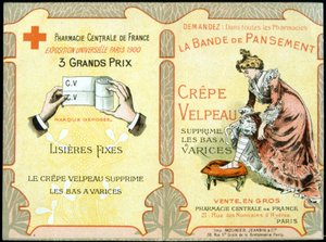 Karta reklamowa „Opatrunek z krepy Velpeau usuwa pończochy od żylaków”. Św. 19 wiek. autorstwa French School