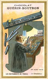 Chromolitografia reklamowa czekoladek Guerin Boutron, instrumenty pracy, 84 różne tematy, kompostownik