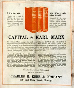 Reklama sprzedaży książki Karola Marksa „Le Capital” w amerykańskim magazynie autorstwa French School