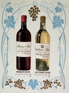 Reklama sprzedaży wina Margaux-Bijon (Margaux Bijon) i Sauternes-Bijon (Sauternes Bijon), 25frs z 12 butelek, 50frs na 25 autorstwa French School