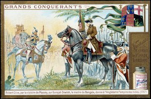 Po zwycięstwie Plasseya nad Surajah Dolah (Suraj Ud-daula lub Ud Daula Ud Daulah lub Ud-Daulah), mistrz Bengalu dał Anglii Imperium Indii w 1757 roku. XIX-wieczna chromolitografia liebig. autorstwa French School