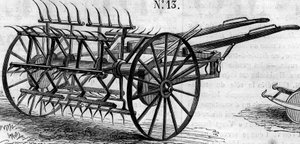 Maszyna rolnicza: angielski przetrząsacz o podwójnym działaniu zaprezentowany na paryskim konkursie rolniczym w 1860 r. Grawer „” Le Monde Illustré” nr 172 z 28 lipca 1860 r. autorstwa French School