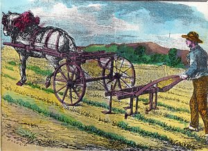 Rolnictwo: jedna z pierwszych mechanicznych maszyn do opielania, z napędem zwierzęcym, zastosowana na polu buraczanym autorstwa French School