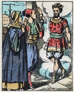 Aladin i jego matka potarli magiczną lampę i sprawili, że pojawił się dżin. Grawerowanie bajki z tysiąca i jednej nocy „”Aladyn i cudowna lampa””. Obrazowanie epinal, koniec XIX wieku. Prywatna kolekcja. autorstwa French School