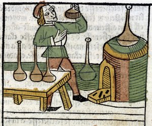 Alchemik - w „Właścicielach rzeczy zarówno cielesnych, jak i duchowych” (książka XVIII) Glanville, Lyon autorstwa French School