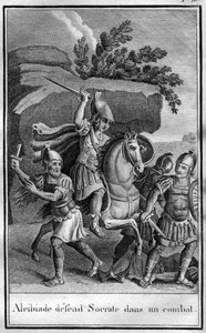 Alcybiades (450-404 pne), ateński mąż stanu i strategia broni Sokratesa w walce. W „”Piękności starożytnej historii lub pamiętnych faktów i powiedzeń wielkich ludzi”” autorstwa French School