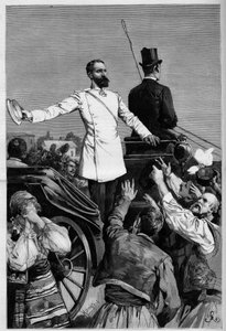 Aleksander Battenberg – książę Aleksander I po swojej abdykacji został przyjęty przez lud, gdy opuścił Sofię. Grawerowanie w „Świat sławny” autorstwa French School