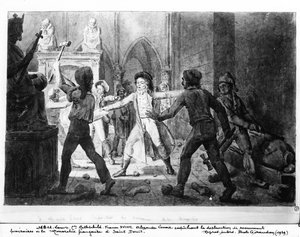 Alexandre Lenoir (1761-1839) przeciwstawiający się zniszczeniu grobów królewskich monarchii francuskiej w kościele Saint-Denis, 1793 (pióro i tusz i pranie na papierze) autorstwa French School