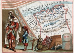 Algierii w Afryce i Prowincji Oran we Francji. Seria o francuskich departamentach. Importer Fig, Bawełny, Tytoniu, Agaty i Ołowiu. Chromolitografia (Chromo) „”nić geograficzna””, ok. 1920 r. Ze zbiorów prywatnych. autorstwa French School