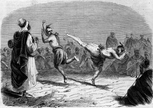 Zwyczaj algierski: taniec arabski. Rysunek p. Rigo, na podstawie szkicu p. Amelera, dowódcy batalionu. Grawer w „”Le Monde Illustré””n°86 z dnia 11 grudnia 1858 r. autorstwa French School