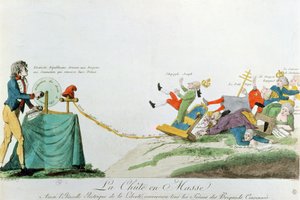 Wszystko upada, elektryczność wytworzona przez Deklarację Praw Człowieka podczas Rewolucji Francuskiej wywraca trony i monarchów Europy, ok. 1793 autorstwa French School