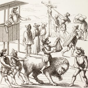 Alegoryczny obraz ekscesów, które rzekomo popełnili hugenoci, z „Życia wojskowego i religijnego w średniowieczu” Paula Lacroix, opublikowanego w Londynie ok. 1880 r. autorstwa French School